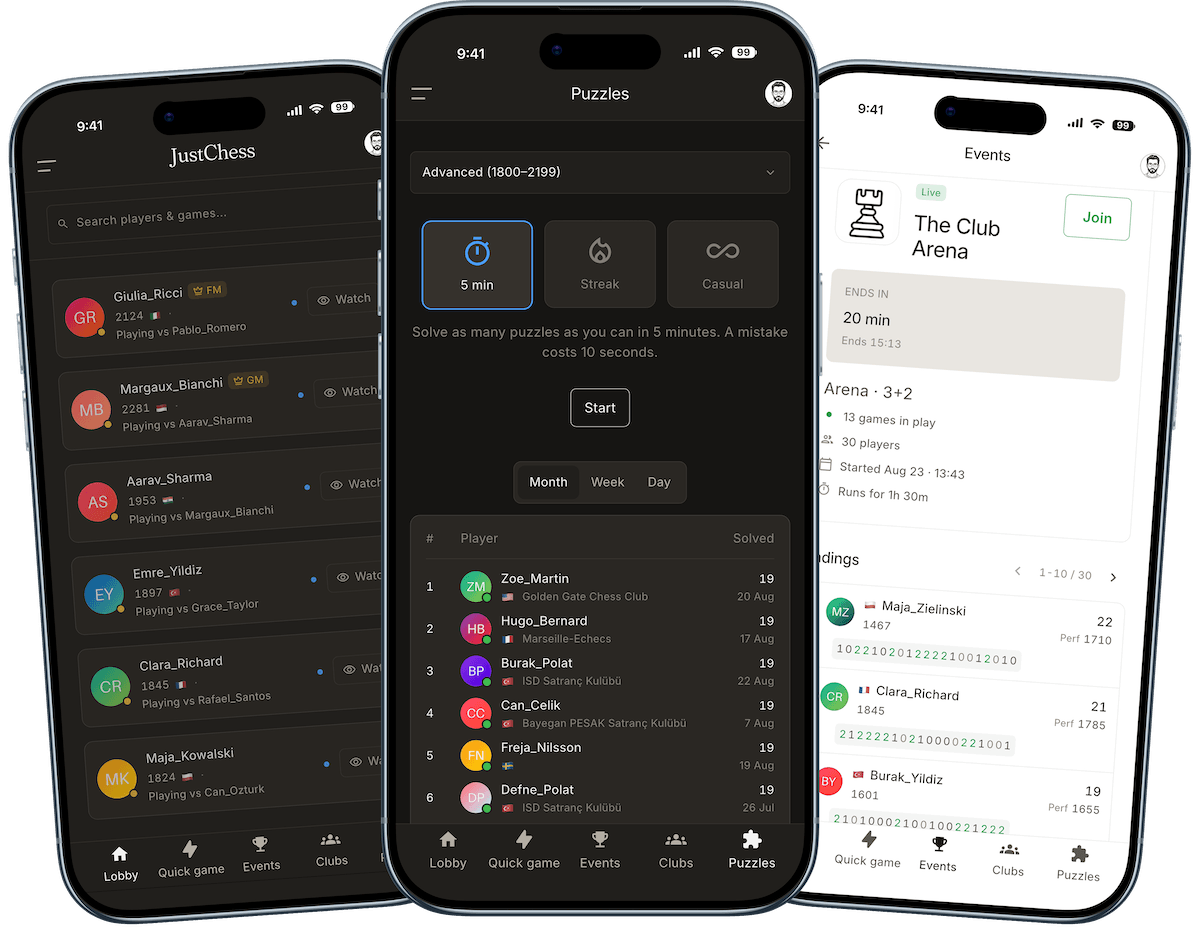 The JustChess app on three phones: lobby, puzzles and events