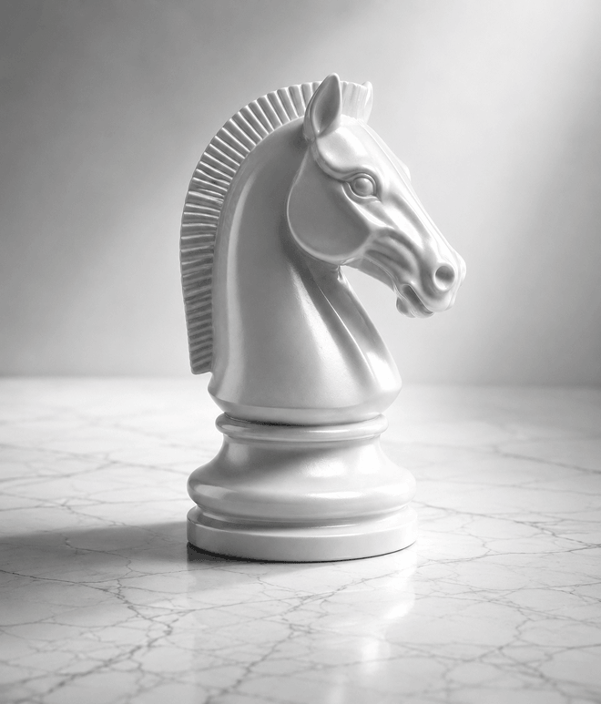 A white chess knight on a marble board